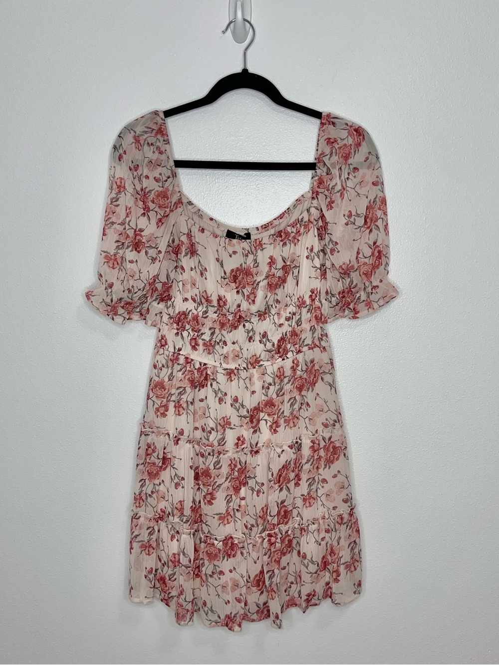 Trixxi Pink Floral Chiffon Puff Sleeve Tiered Mini Dress Cottagecore Size Medium